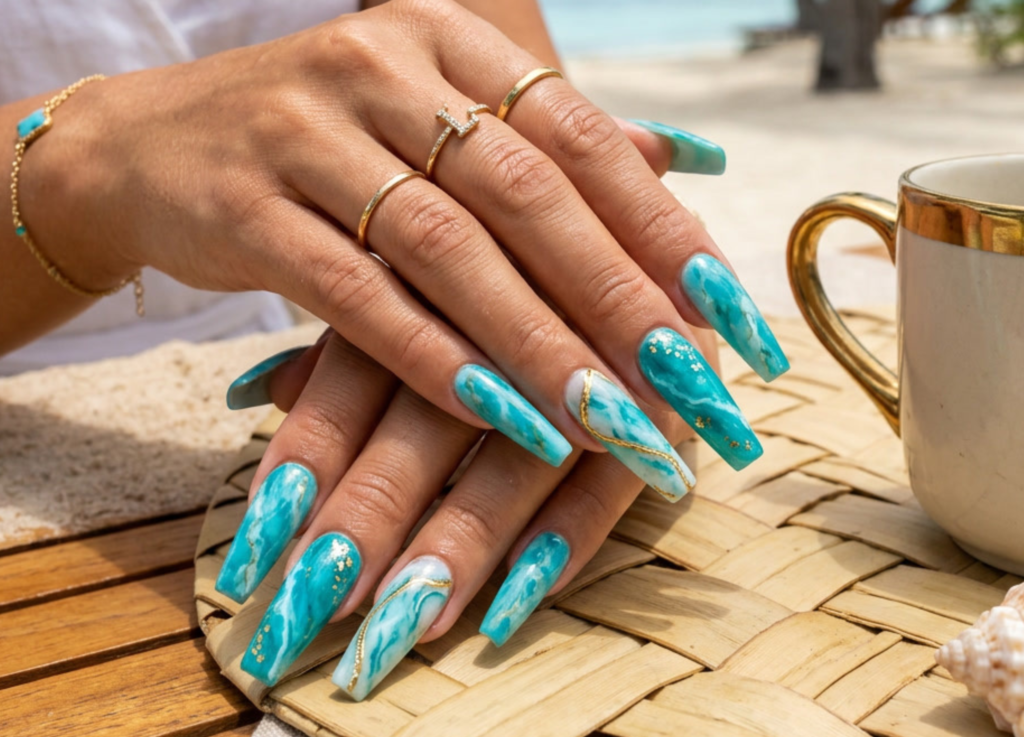 Turquoise Marble Nails
